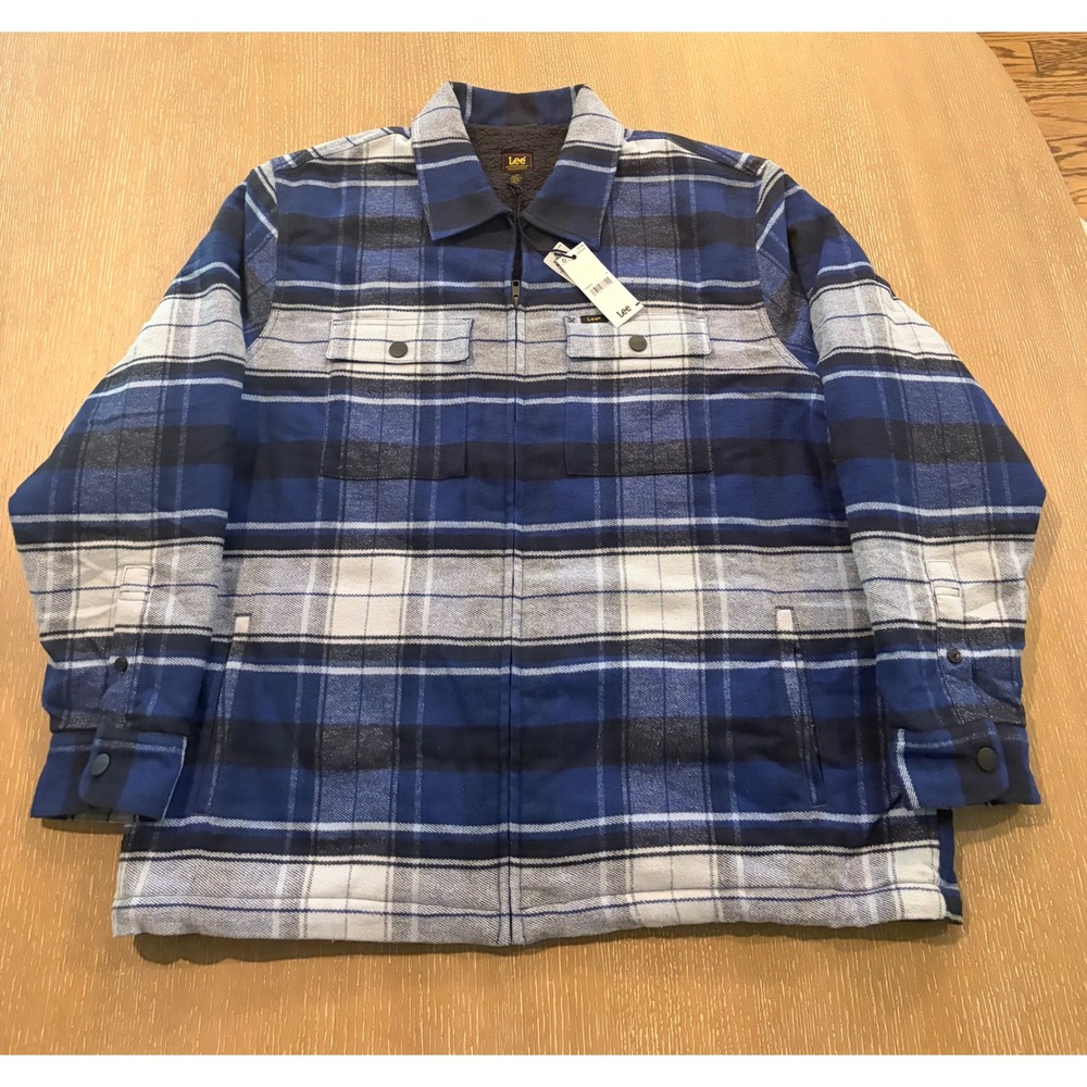 Lee Sherpa Lined Shirt Jacket Mens XL‎ Blue Plaid Full Zip Heavyweight NWT